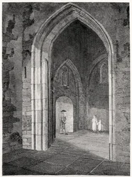Innenansicht der Vorhalle der Pfarrkirche St. Alphage, London Wall; ehemals die Kapelle des Priors von Elsynge Spital, veröffentlicht von Robert Wilkinson, 1815
